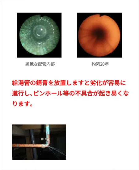 給湯管の錆青を放置しますと劣化が容易に進行し、ピンホール等の不具合が起き易くなります。
